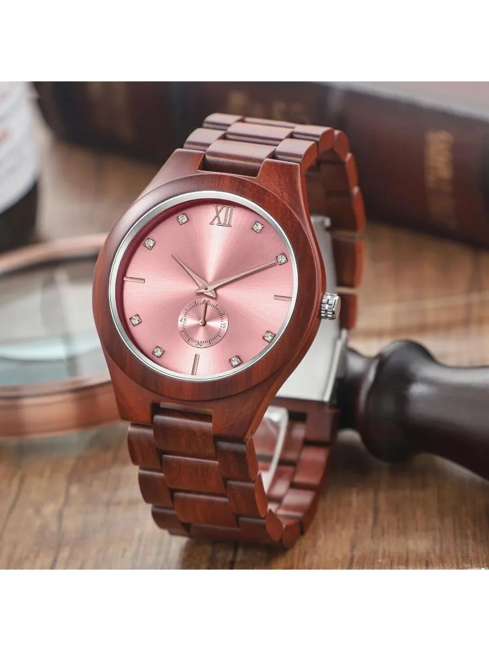 Men's Red And Pink Handmade Lightweight Analog Quartz Round Wrist Wooden Watch